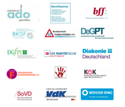 Logos: ado, Betroffenenrat, bff, BKSF, Bundesverein Imfgesch&auml;digter, DeGPT, DGfPI, Der Parit&auml;tische Gesamtverband, Diakonie Deutschland, Frauenhauskoordinierung e.V., gegen Missbrauch e.V., KOK, SoVD, VdK, Weisser Ring