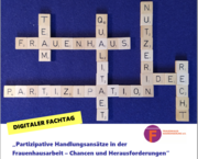 werbung f&uuml;r FHK Fachtag, Abbildung Scrabble-Brett, gelegte Worte: Partizipation, Frauenhaus, Team, Qualit&auml;t, Nutzerin, Recht, Idee,