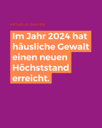 Eine lila Fläche, auf der geschrieben steht: "Aktuelle Zahlen - Im Jahr 2024 hat häusliche Gewalt einen neuen Höchststand erreicht. "