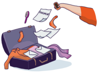 Eine Hand wirft Dinge in einen Koffer, z.B. ein Handy, eine B&uuml;rste und Dokumente