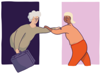 Zwei Frauen st&uuml;tzen sich gegenseitig (eine davon h&auml;lt einen Koffer)