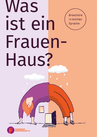 Offene T&uuml;r mit "Willkommen"-Fu&szlig;matte, dar&uuml;ber schl&auml;gt eine fr&ouml;hliche Frau eine Br&uuml;cke. &Uuml;berschrift "Was ist ein Frauenhaus? Brosch&uuml;re in kompakter Sprache von Frauenhauskoordinierung e.V.