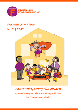Titelseite FHK-Fachinfo "Parteilich auch f&uuml;r Kinder": Kinder mit Superheld*innen-Umhang springen auf Trampolin, umrundet von ausgelassenen Menschen