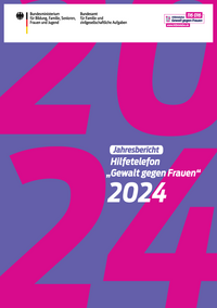 Auf einer A4-Seite stehen in pink auf einem lila Hintergrund in zwei Zeilen die Zahlen 2024, in weißer kleiner Schrift steht geschrieben: Jahresbericht Hilfetelefon "Gewalt gegen Frauen" 2024. Es ist die Titelseite des Jahresberichts. 