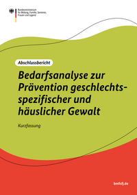 Die Titelseite einer Studie - weiß, grün und dunkelorangener Hintergrund. Als Text steht geschrieben: Abschlussbericht - Bedarfsanalyse zur Prävention geschlechtsspezifischer und häuslicher Gewalt - Kurzfassung. Links oben in der Ecke das Logo des Bundesministeriums für Bildung, Familie, Senioren, Frauen und Jugend. Rechts unten steht die Kurz-URL bmfsfj.de