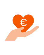 Logo FHK-F&ouml;rderfonds: Hand h&auml;lt ein orangenes Herz mit Eurozeichen darauf.