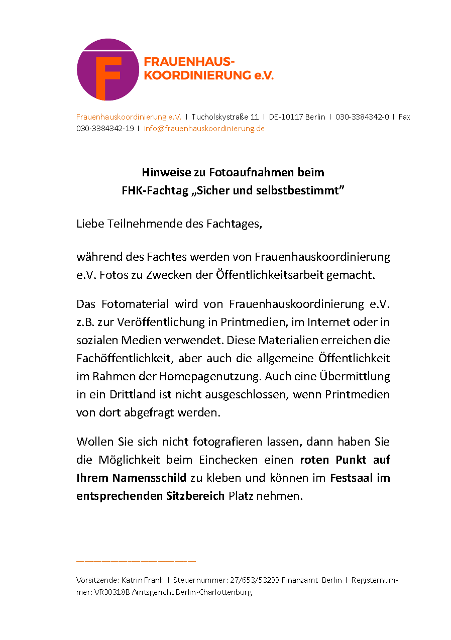 Hinweis zu Fotoaufnahmen